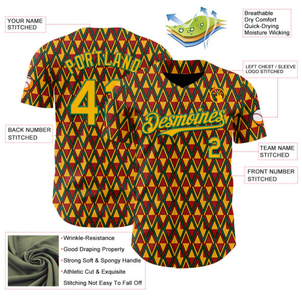 Custom Red Gold Kelly Green-Black 3D Pattern Design Black History Month Abstract Geometric Authentic Baseball Jersey