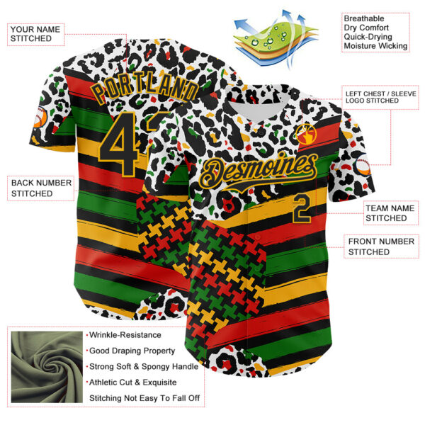 Custom White Black Red Green-Gold 3D Pattern Design Black History Month Abstract Geometric Animal Print Authentic Baseball Jersey