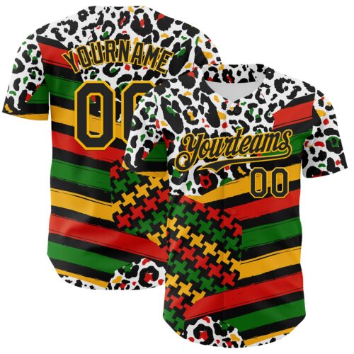 Custom White Black Red Green-Gold 3D Pattern Design Black History Month Abstract Geometric Animal Print Authentic Baseball Jersey