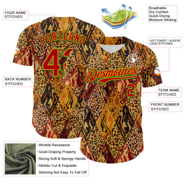 Custom Brown Red Gold-Grass Green 3D Pattern Design Black History Month Animal Print Authentic Baseball Jersey