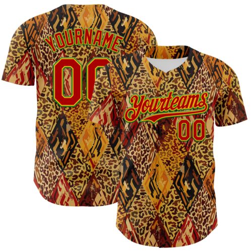 Custom Brown Red Gold-Grass Green 3D Pattern Design Black History Month Animal Print Authentic Baseball Jersey