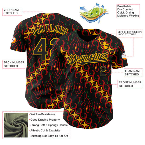 Custom Black Red Gold-Green 3D Pattern Design Black History Month Abstract Authentic Baseball Jersey