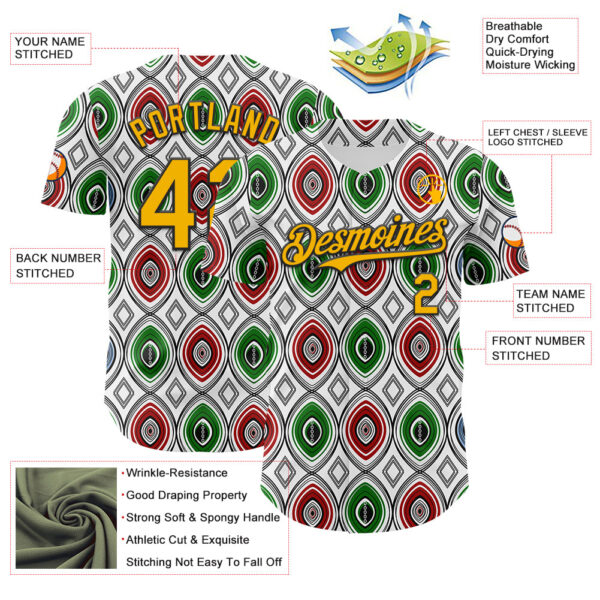 Custom White Gold Red Green-Black 3D Pattern Design Black History Month African Ethnicity Style Authentic Baseball Jersey