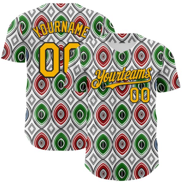 Custom White Gold Red Green-Black 3D Pattern Design Black History Month African Ethnicity Style Authentic Baseball Jersey