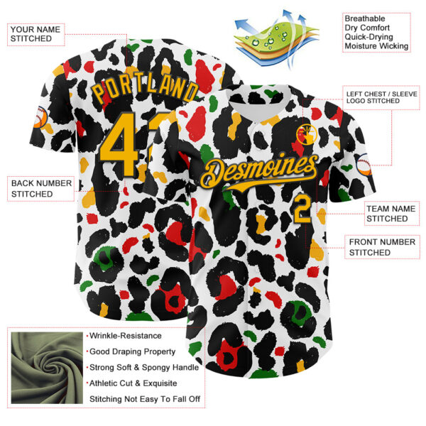 Custom White Gold Black Green-Red 3D Pattern Design Black History Month Animal Print Authentic Baseball Jersey