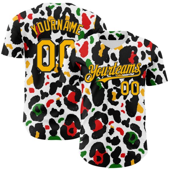 Custom White Gold Black Green-Red 3D Pattern Design Black History Month Animal Print Authentic Baseball Jersey