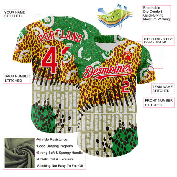 Custom White Fire Red Green Yellow-Black 3D Pattern Design Black History Month Animal Print Authentic Baseball Jersey