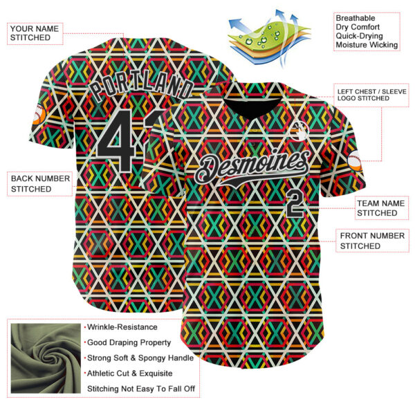 Custom Black Red Green Yellow-White 3D Pattern Design Black History Month African Ethnicity Style Abstract Geometric Authentic Baseball Jersey