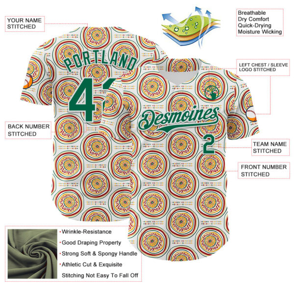 Custom White Kelly Green Yellow-Red 3D Pattern Design Black History Month African Ethnicity Style Authentic Baseball Jersey