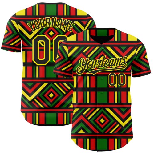 3DPattern12047 Custom Green Black Red-Light Yellow 3D Pattern Design Black History Month African Ethnicity Style Abstract Geometric Authentic Baseball Jersey