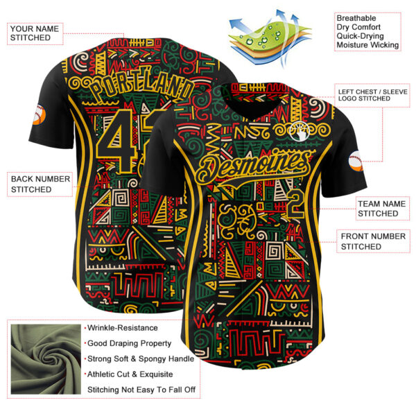Custom Black Yellow Green-Red 3D Pattern Design Black History Month African Ethnicity Style Abstract Geometric Authentic Baseball Jersey