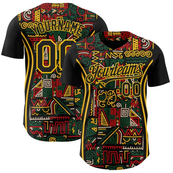 Custom Black Yellow Green-Red 3D Pattern Design Black History Month African Ethnicity Style Abstract Geometric Authentic Baseball Jersey
