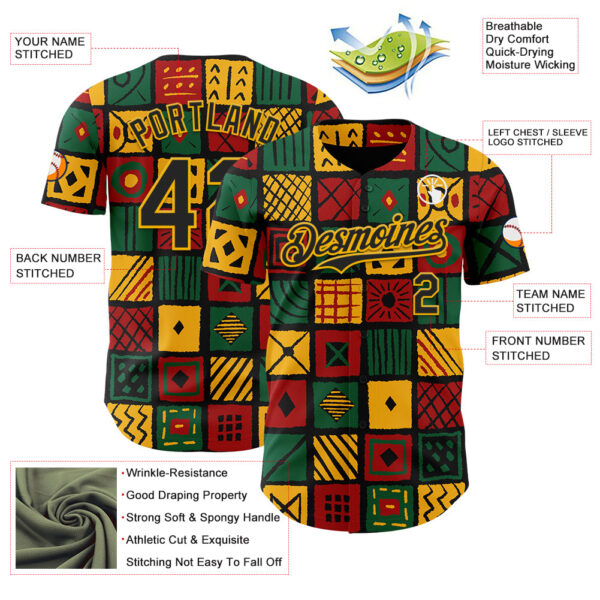 Custom Black Gold Green-Red 3D Pattern Design Black History Month African Ethnicity Style Abstract Geometric Authentic Baseball Jersey