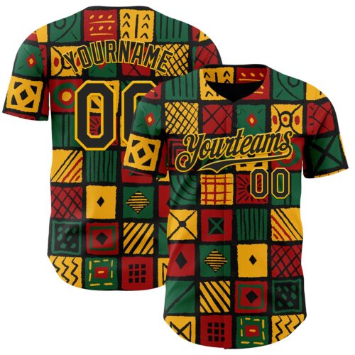 3DPattern12051 Custom Black Gold Green-Red 3D Pattern Design Black History Month African Ethnicity Style Abstract Geometric Authentic Baseball Jersey