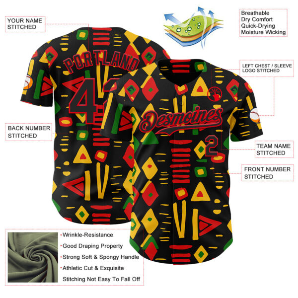Custom Black Fire Red Green-Yellow 3D Pattern Design Black History Month African Ethnicity Style Abstract Geometric Authentic Baseball Jersey