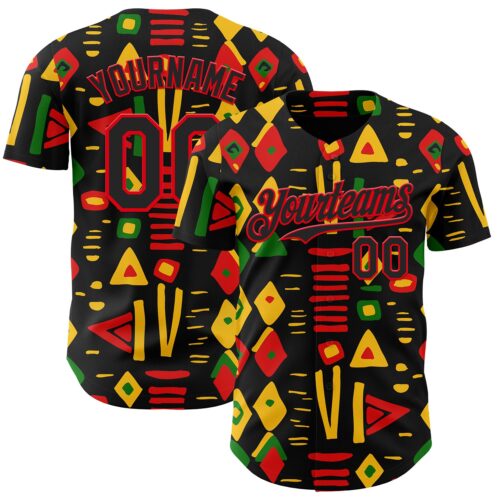 3DPattern12052 Custom Black Fire Red Green-Yellow 3D Pattern Design Black History Month African Ethnicity Style Abstract Geometric Authentic Baseball Jersey