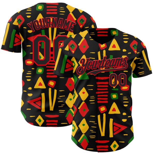 Custom Black Fire Red Green-Yellow 3D Pattern Design Black History Month African Ethnicity Style Abstract Geometric Authentic Baseball Jersey