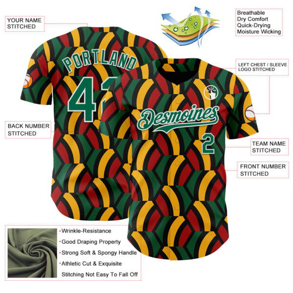 Custom Black Kelly Green Red Yellow-White 3D Pattern Design Black History Month African Ethnicity Style Abstract Geometric Authentic Baseball Jersey