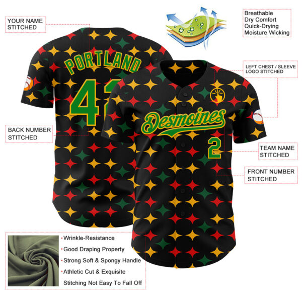 Custom Black Grass Green Gold-Red 3D Pattern Design Black History Month African Ethnicity Style Abstract Geometric Authentic Baseball Jersey