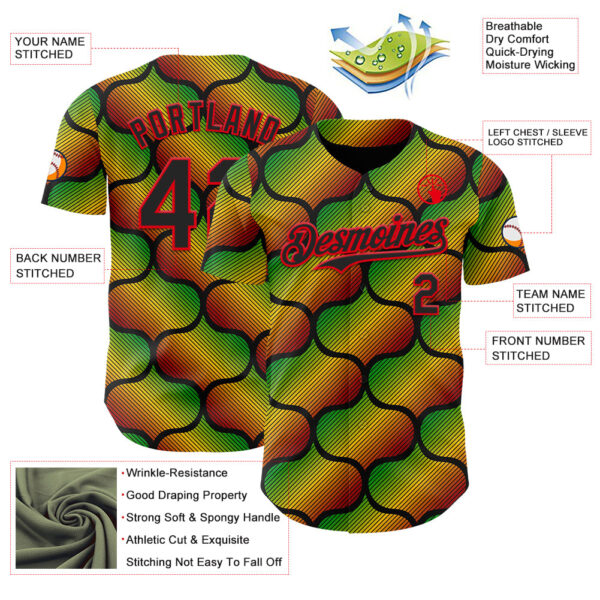 Custom Black Fire Red Green-Yellow 3D Pattern Design Black History Month Gradient African Ethnicity Style Authentic Baseball Jersey