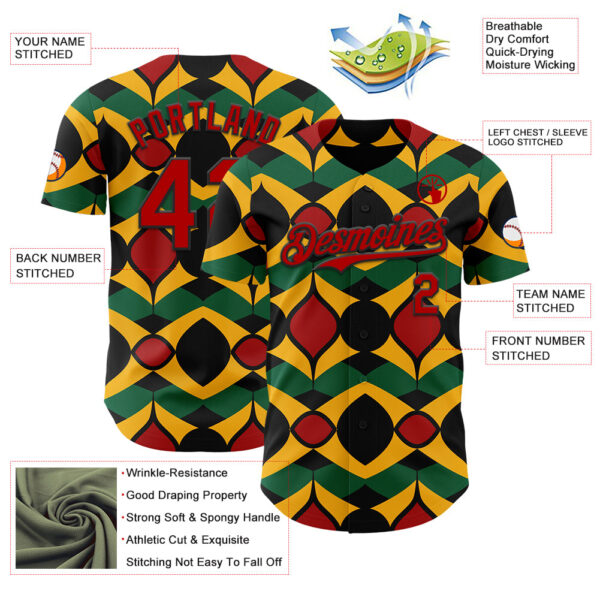Custom Black Red Yellow-Green 3D Pattern Design Black History Month African Ethnicity Style Abstract Geometric Authentic Baseball Jersey