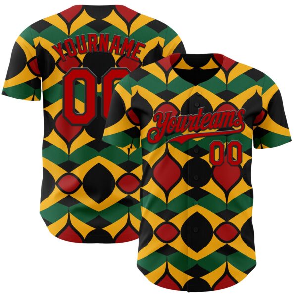 Custom Black Red Yellow-Green 3D Pattern Design Black History Month African Ethnicity Style Abstract Geometric Authentic Baseball Jersey