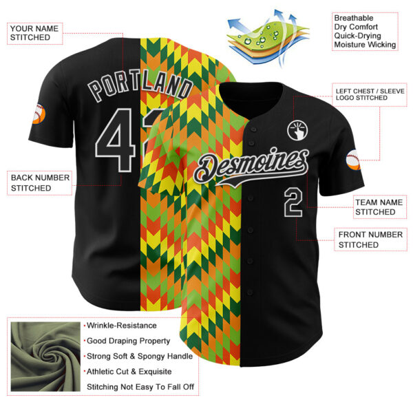 Custom Black Yellow Green Red-Orange 3D Pattern Design Black History Month African Ethnicity Style Abstract Geometric Authentic Baseball Jersey