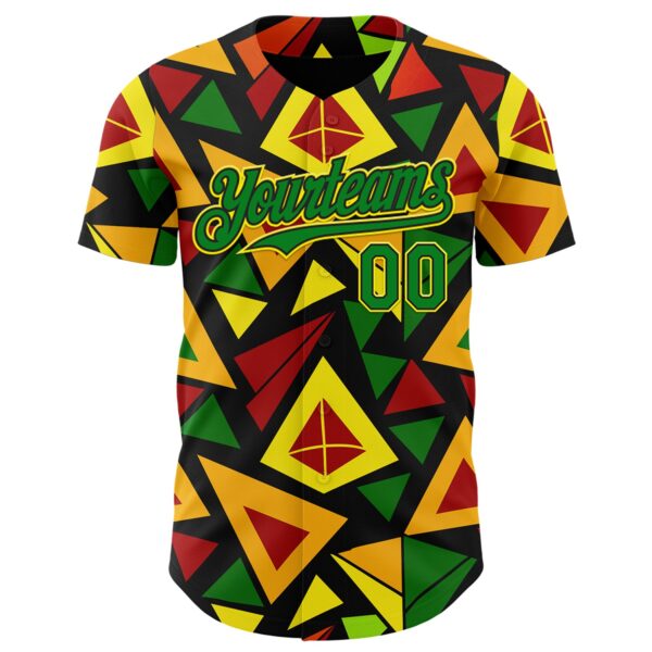 Custom Black Grass Green Red Light Yellow-Gold 3D Pattern Design Black History Month African Ethnicity Style Abstract Geometric Authentic Baseball Jersey
