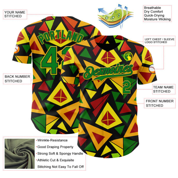 Custom Black Grass Green Red Light Yellow-Gold 3D Pattern Design Black History Month African Ethnicity Style Abstract Geometric Authentic Baseball Jersey