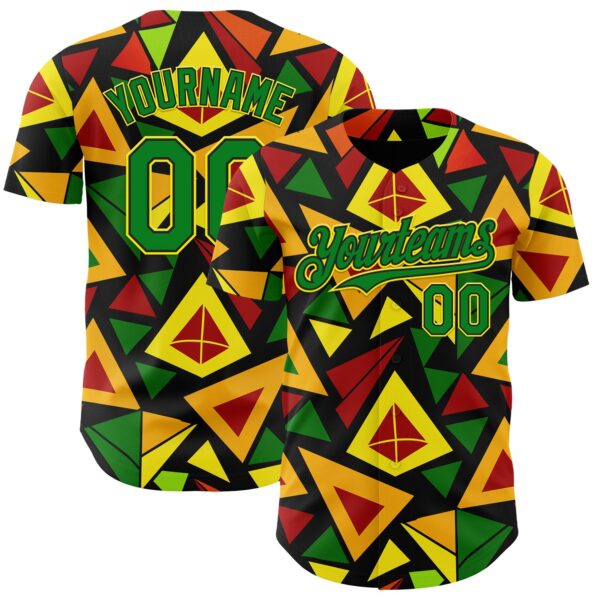 Custom Black Grass Green Red Light Yellow-Gold 3D Pattern Design Black History Month African Ethnicity Style Abstract Geometric Authentic Baseball Jersey