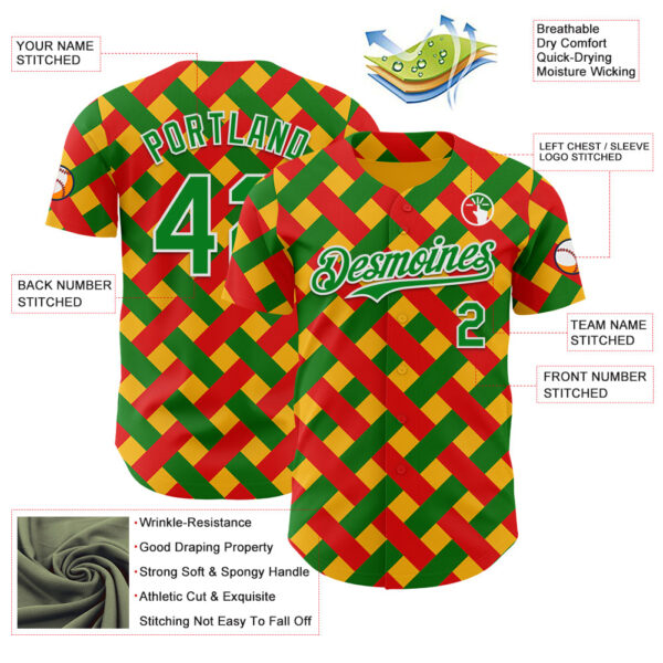 Custom Gold Grass Green Red-White 3D Pattern Design Black History Month African Ethnicity Style Abstract Geometric Authentic Baseball Jersey