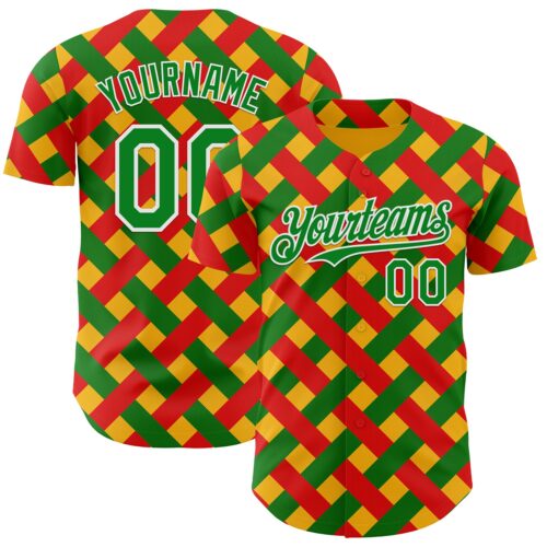 3DPattern12060 Custom Gold Grass Green Red-White 3D Pattern Design Black History Month African Ethnicity Style Abstract Geometric Authentic Baseball Jersey