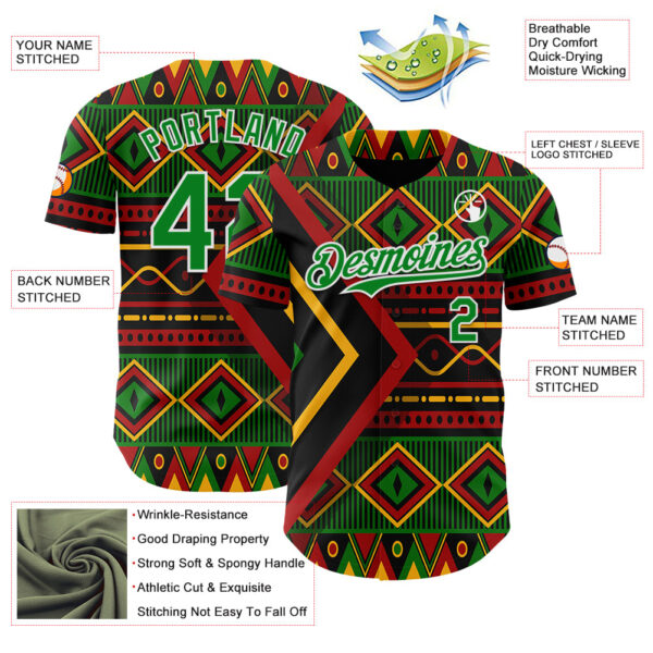 Custom Black Grass Green Red Yellow-White 3D Pattern Design Black History Month African Ethnicity Style Abstract Geometric Authentic Baseball Jersey