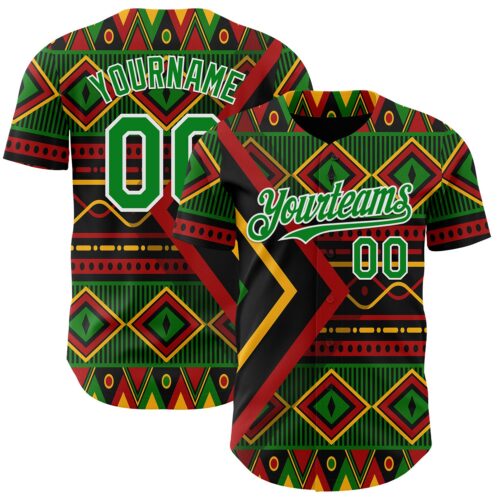 3DPattern12061 Custom Black Grass Green Red Yellow-White 3D Pattern Design Black History Month African Ethnicity Style Abstract Geometric Authentic Baseball Jersey