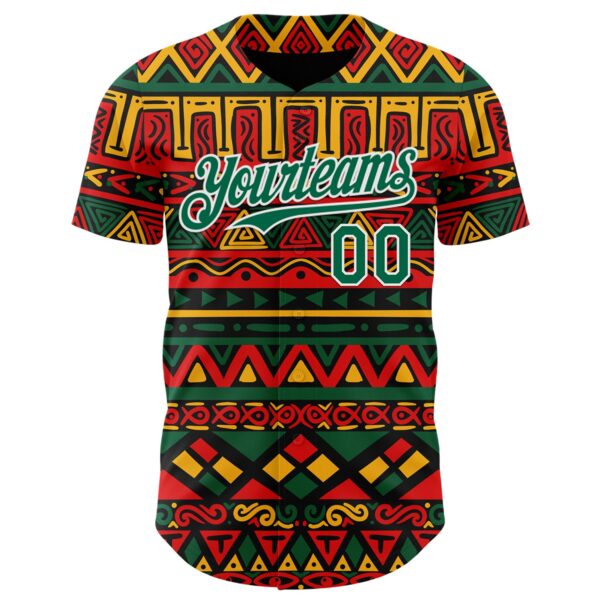 Custom Black Kelly Green Red Yellow-White 3D Pattern Design Black History Month African Ethnicity Style Abstract Geometric Authentic Baseball Jersey