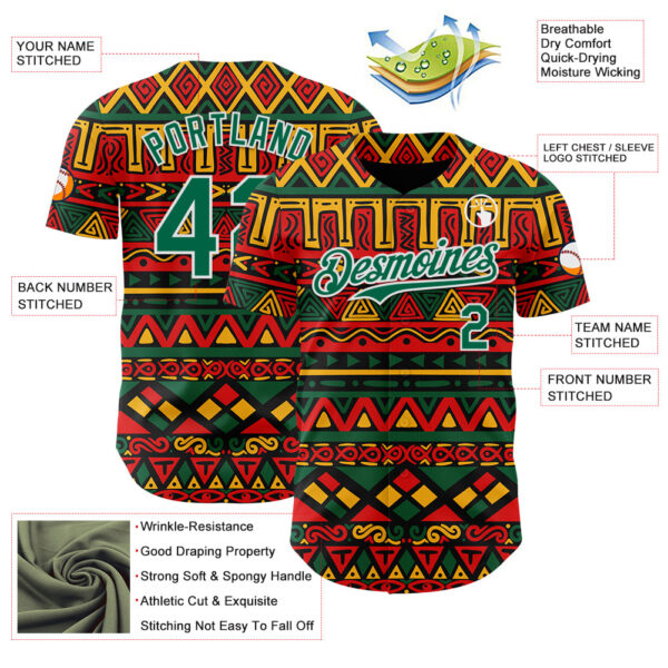Custom Black Kelly Green Red Yellow-White 3D Pattern Design Black History Month African Ethnicity Style Abstract Geometric Authentic Baseball Jersey