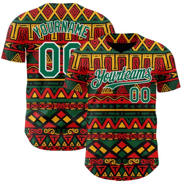 Custom Black Kelly Green Red Yellow-White 3D Pattern Design Black History Month African Ethnicity Style Abstract Geometric Authentic Baseball Jersey