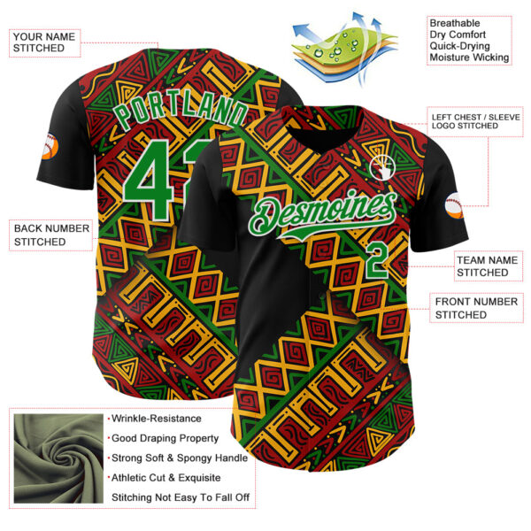 Custom Black Kelly Green Red Yellow-White 3D Pattern Design Black History Month African Ethnicity Style Abstract Geometric Authentic Baseball Jersey