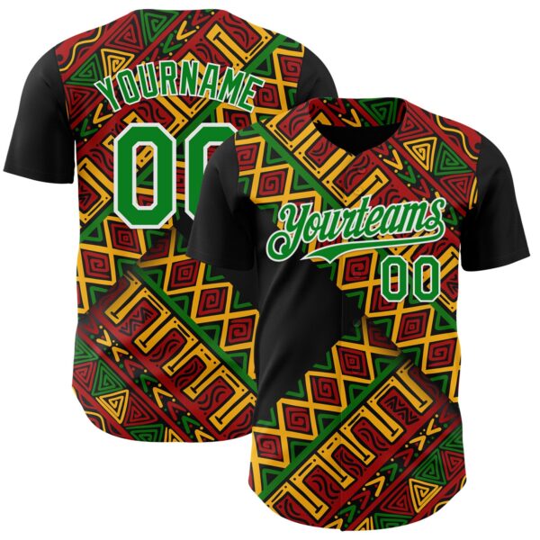 Custom Black Kelly Green Red Yellow-White 3D Pattern Design Black History Month African Ethnicity Style Abstract Geometric Authentic Baseball Jersey