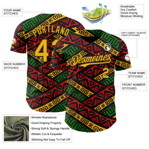Custom Black Gold Red-Green 3D Pattern Design Black History Month African Ethnicity Style Abstract Geometric Authentic Baseball Jersey