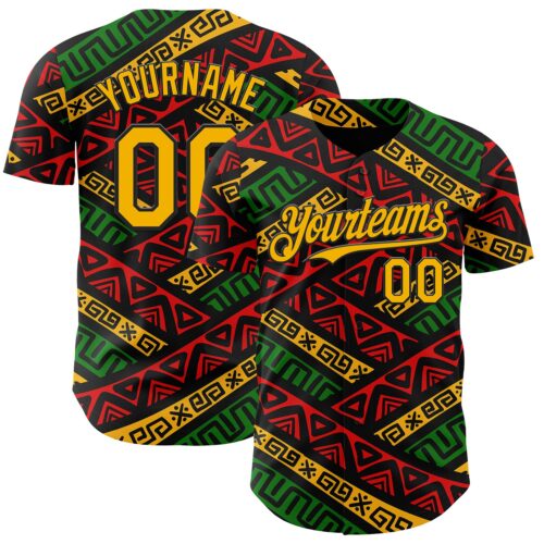 3DPattern12065 Custom Black Gold Red-Green 3D Pattern Design Black History Month African Ethnicity Style Abstract Geometric Authentic Baseball Jersey