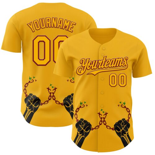 3DPattern12066 Custom Gold Crimson-Black 3D Pattern Design Black History Month Authentic Baseball Jersey