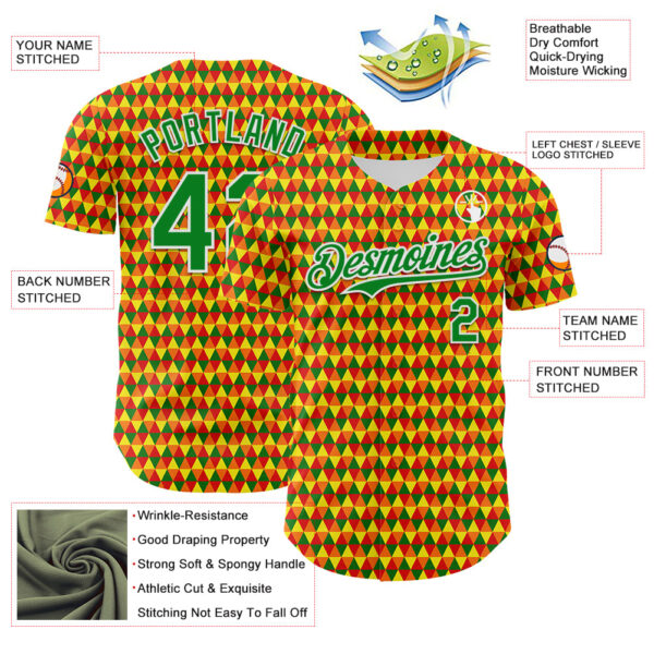 Custom Yellow Grass Green Red-White 3D Pattern Design Black History Month Abstract Geometric Authentic Baseball Jersey