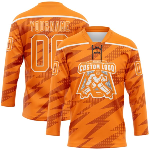 Custom Bay Orange White Lightning Hockey Lace Neck Jersey