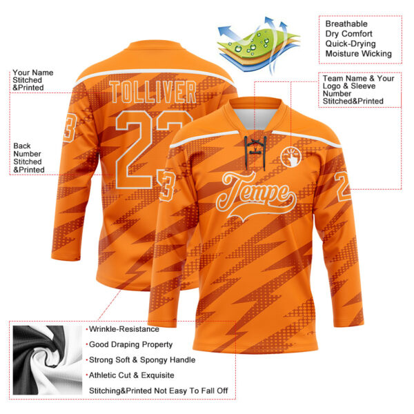 Custom Bay Orange White Lightning Hockey Lace Neck Jersey