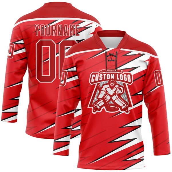 Custom Red Black-White Lightning Hockey Lace Neck Jersey