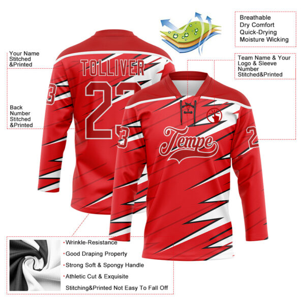 Custom Red Black-White Lightning Hockey Lace Neck Jersey