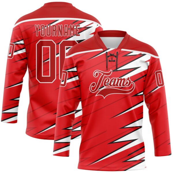 Custom Red Black-White Lightning Hockey Lace Neck Jersey
