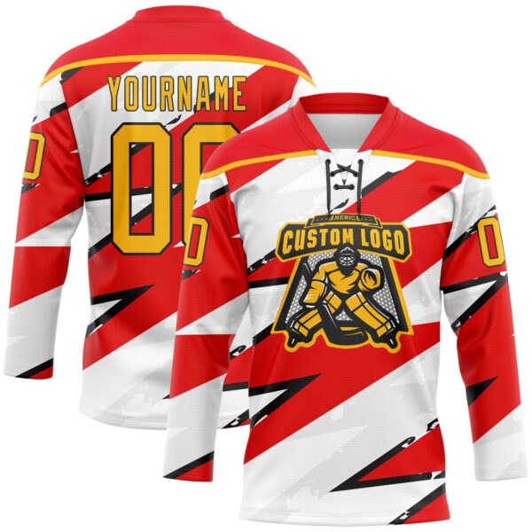 Custom Fire Red Gold Black-White Lightning Hockey Lace Neck Jersey