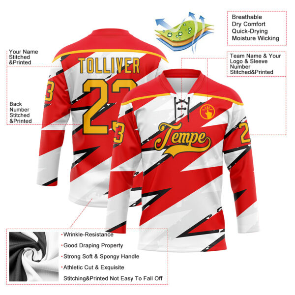 Custom Fire Red Gold Black-White Lightning Hockey Lace Neck Jersey
